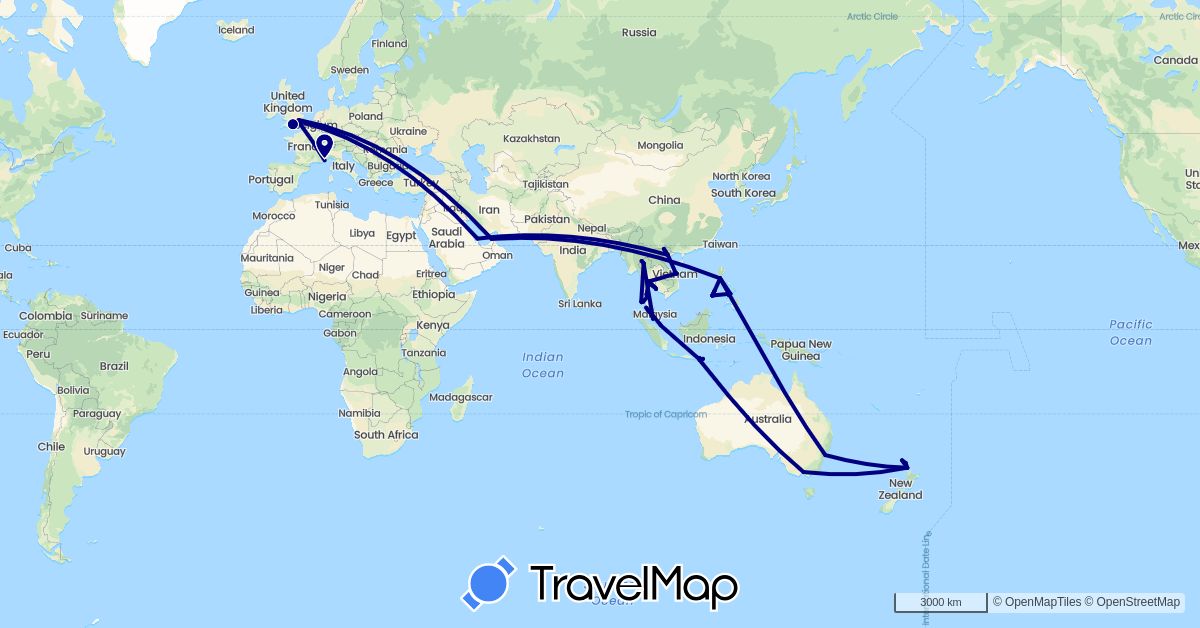 TravelMap itinerary: driving in United Arab Emirates, Australia, France, United Kingdom, Indonesia, Malaysia, New Zealand, Philippines, Qatar, Singapore, Thailand, Vietnam (Asia, Europe, Oceania)